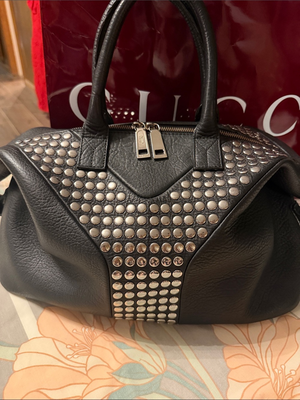 YSL Studded Black Leather Satchel Bag - Picture 11 of 11